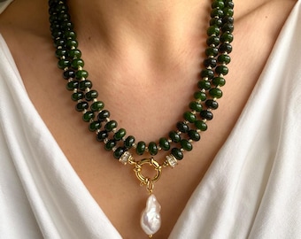 Green Agate Necklace, Gold Plated, Baroque Pearl Pendant, Boho Jewelry