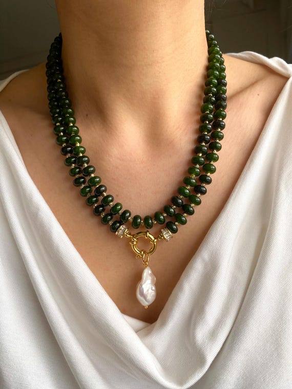 Green Agate Necklace, Gold Plated, Baroque Pearl Pendant, Boho Jewelry