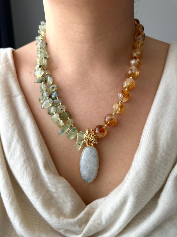 Prehnite Citrine Necklace: Moonstone Drop, Boho Statement Gift For