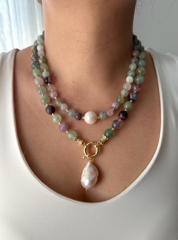 Fluorite Pearl Multistrand Necklace: Gold-Plated Boho Statement Jewelry