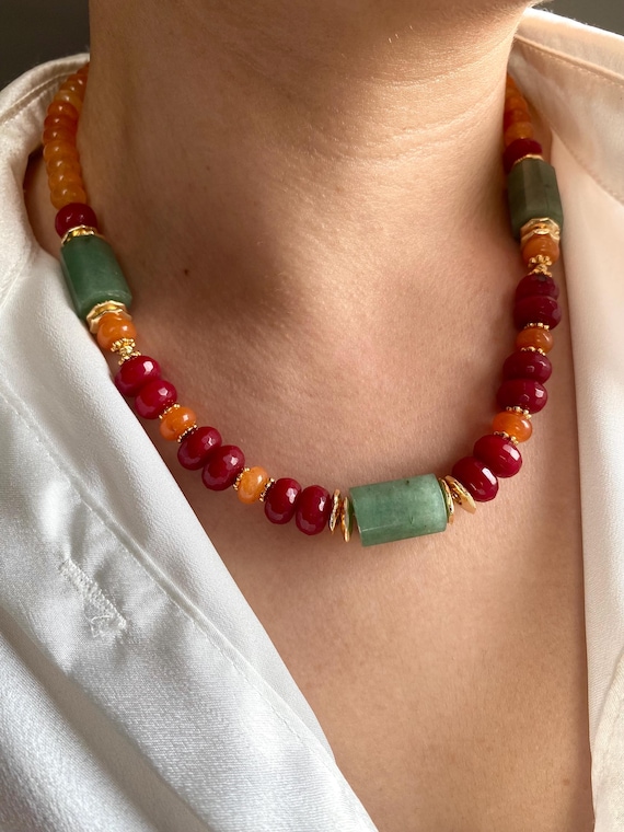 Chunky Aventurine & Agate Necklace: Boho Gemstone Statement Jewelry