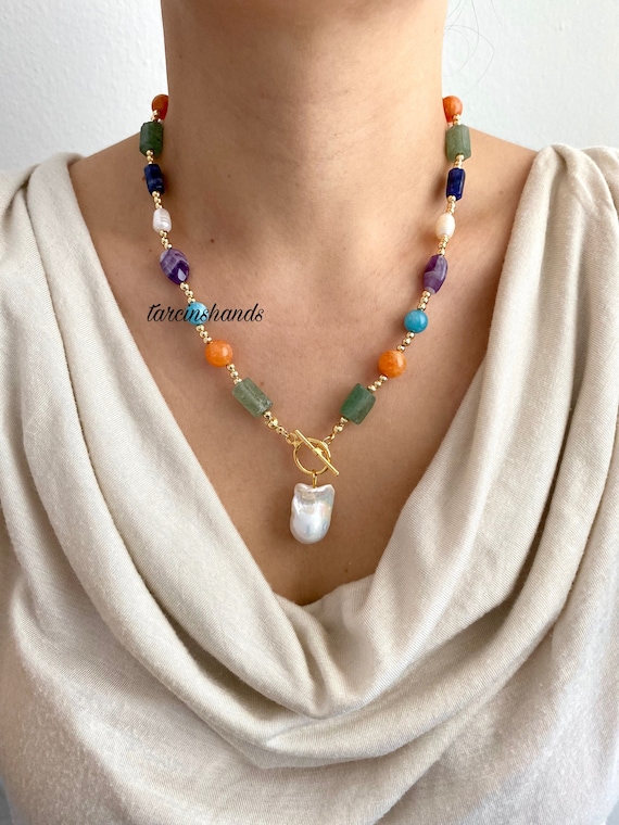 Mixed Gemstone Necklace: Gold Toggle, Baroque Pearl Pendant