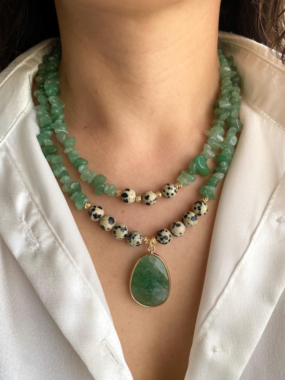 Aventurine & Dalmatian Jasper Multistrand Necklace Gold-Plated Bohemian Pendant Gift For