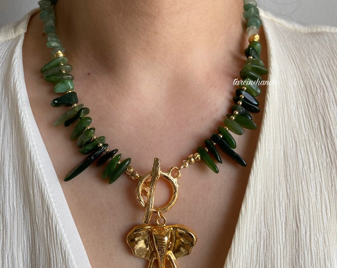 Gold Toggle Necklace with Aventurine, Jade & Elephant Pendant - Chunky Green Gemstone, Healing Crystal, Bohemian, Spiritual Jewelry
