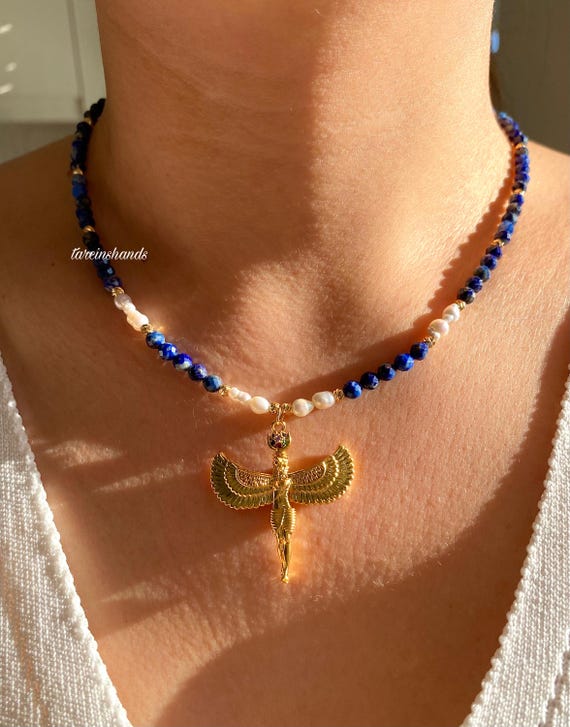 Lapis Lazuli and Tiny Freshwater Pearl Goddes Isis Pendant Gold Necklace, Ancient Egypt Pendant Necklace,Lapis Lazuli Minimalist Necklace