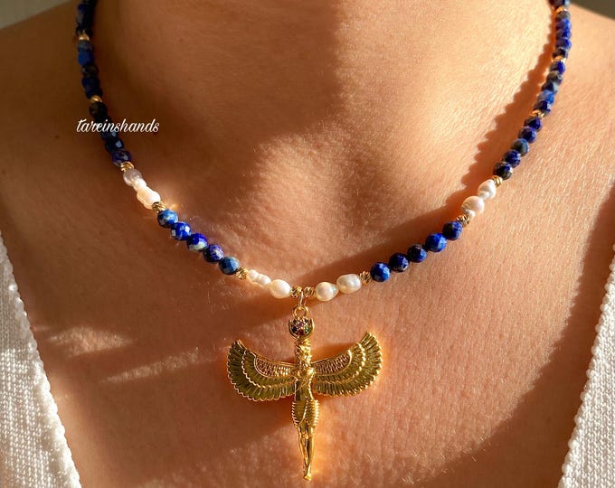 Lapis Lazuli and Tiny Freshwater Pearl Goddes Isis Pendant Gold Necklace, Ancient Egypt Pendant Necklace,Lapis Lazuli Minimalist Necklace