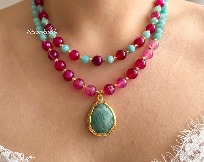Multistrand Amazonite and Pink Agate Gold Filled Necklace with Amazonite Pendant,Summer Multistone Bead Necklace,Chunky Statement Necklace