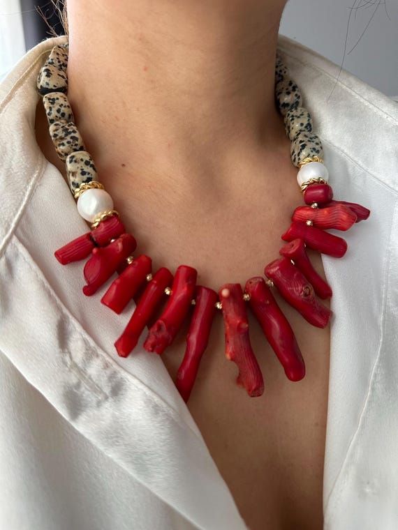 Boho Red Branch Coral Necklace, Dalmatian Jasper, Baroque Pearl Statement Jewelry