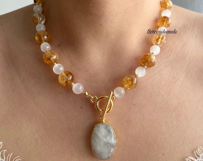 Citrine and Selenite Gold Filled Toggle Necklace with Moonstone Pendant,Multistone Necklace,Natural Citrine Bead Necklace,Gift For Mom