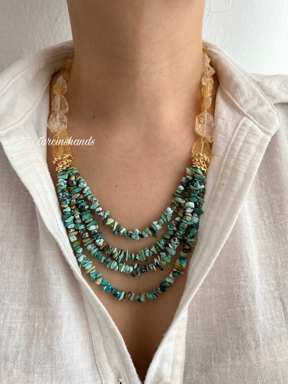 Raw Citrine Turquoise Gold-Plated Necklace: Multistrand Bohemian Jewelry