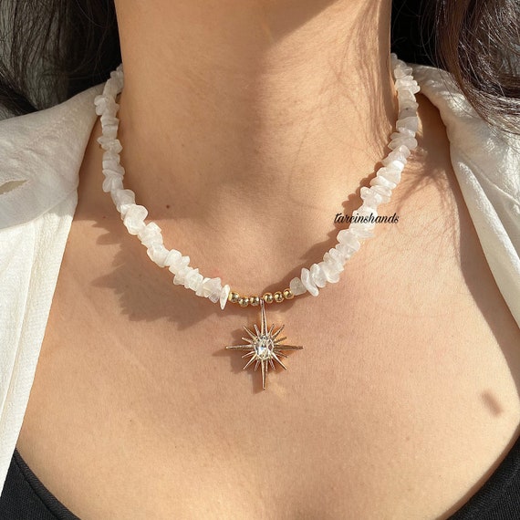 Gold Moonstone Necklace: Beaded Gemstone, Minimalist Style