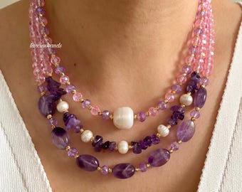 Handmade Amethyst Pearl Multistrand Necklace: Pink Crystal Gold-Plated Statement