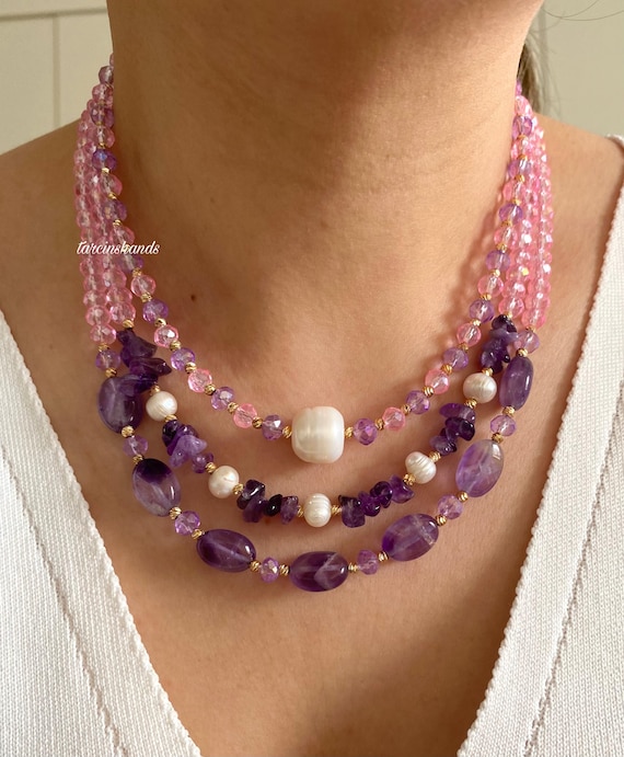 Handmade Amethyst Pearl Multistrand Necklace: Pink Crystal Gold-Plated Statement