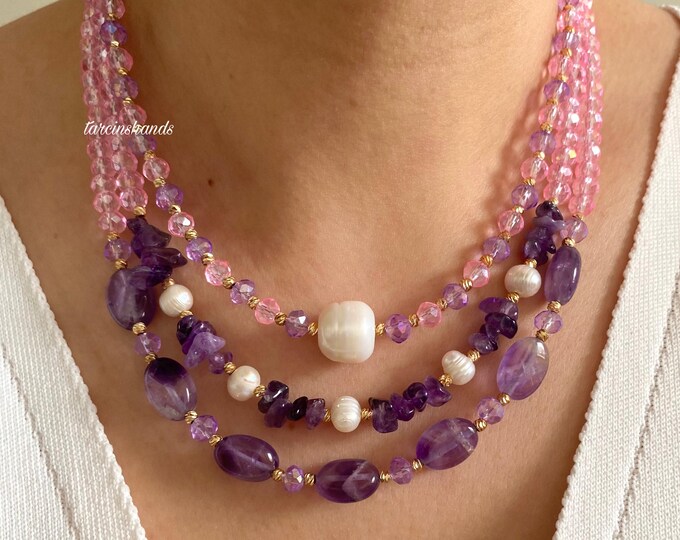 Multistrand Amethyst Pearl and Glass Pink Crystal Gold Filled Necklace,Statement Handmade Amethyst Handmade Gold Necklace for Women
