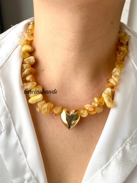 Citrine Beaded Gold-Plated Necklace: Puffed Heart Charm, 17 Inch