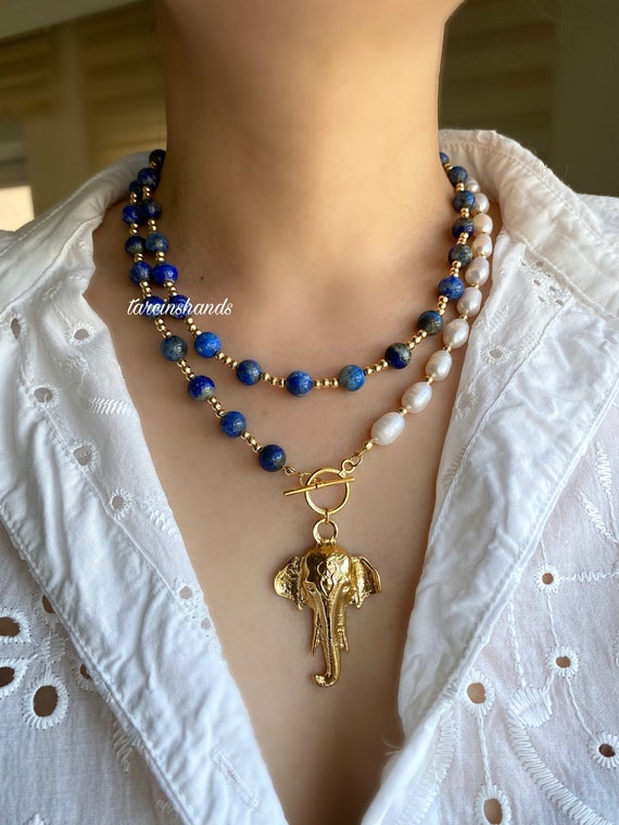 Lapis Lazuli Pearl Necklace: Gold Elephant Pendant, Multi-Strand Toggle Clasp
