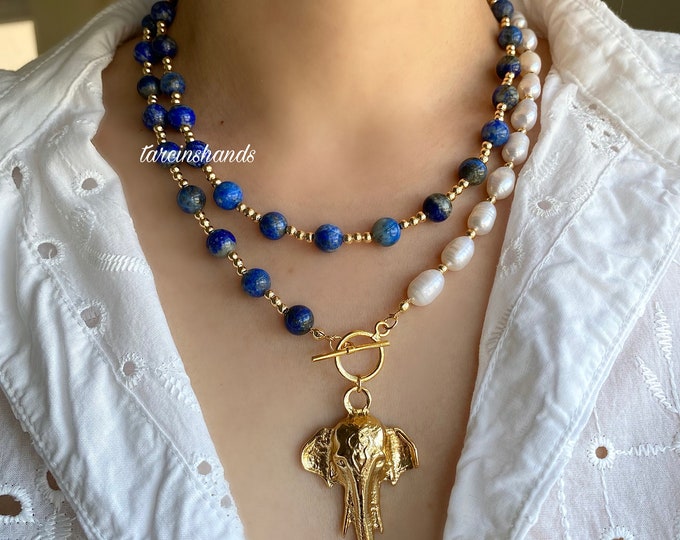 Multistrand Lapis Lazuli and Freshwater Pearl Gold Toggle Necklace with Elephant Pendant , Natural Navy Blue Gemstone Pearl Layered Necklace