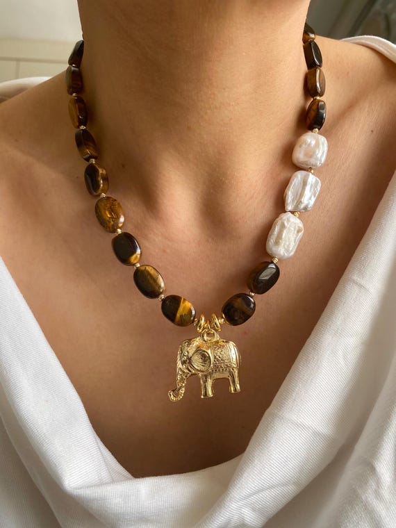 Tiger's Eye Necklace Gold Plated Elephant Pendant,Natural Brown Gemstone Jewelry,Gift For Women
