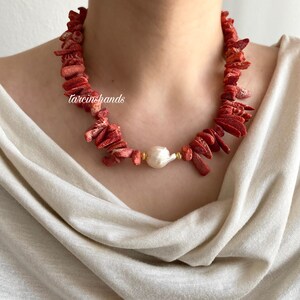 Red Coral Necklace Bohemian Style Gold Plated Necklace with Unique and Natural Red Coral and Baroque Pearl Pendant zdjęcie 3