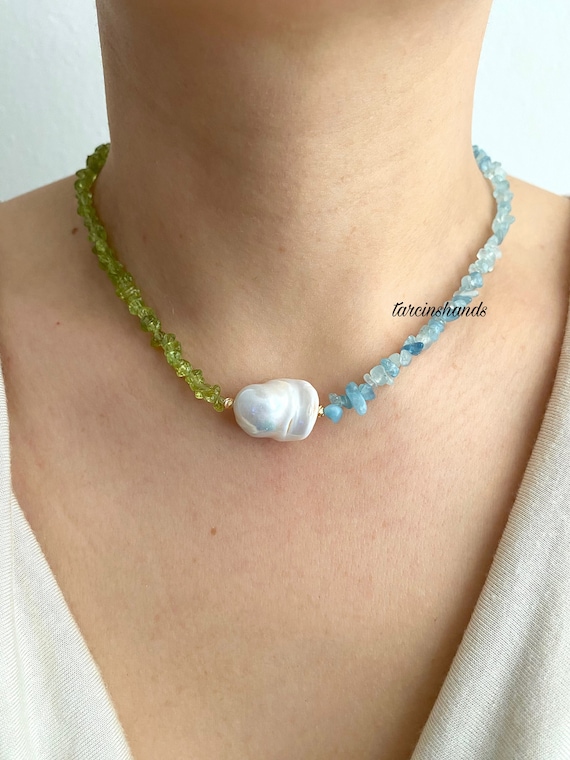 Peridot Aquamarine Necklace: Gold-Plated Baroque Pearl Gemstone