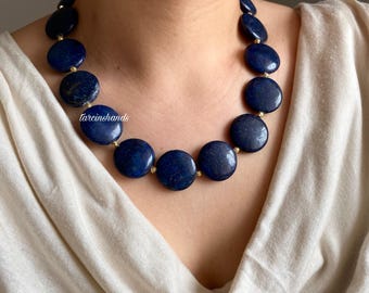 Chunky Lapis Lazuli Gold-Plated Necklace: Bohemian Statement Jewelry