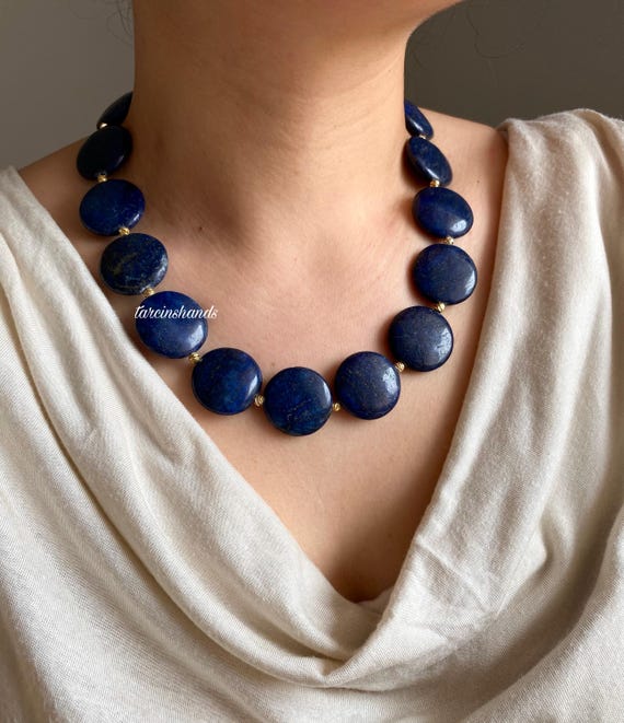 Chunky Lapis Lazuli Gold-Plated Necklace: Bohemian Statement Jewelry