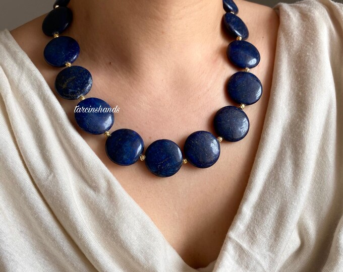 Big Bold Lapis Lazuli Gold Filled Necklace,Chunky Navy Blue Semi Precious Stone Necklace,Natural Lapis Lazuli Statement Necklace,Unique Gem