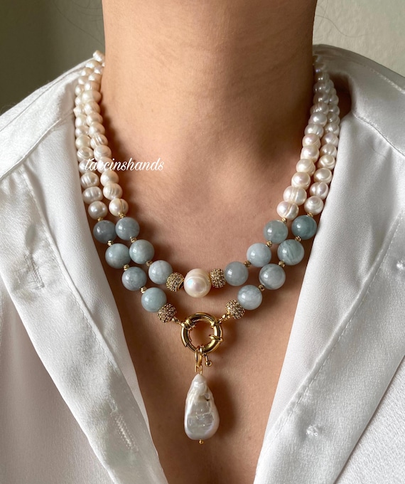 Handmade Aquamarine Pearl Necklace: Gold Filled Baroque Pendant