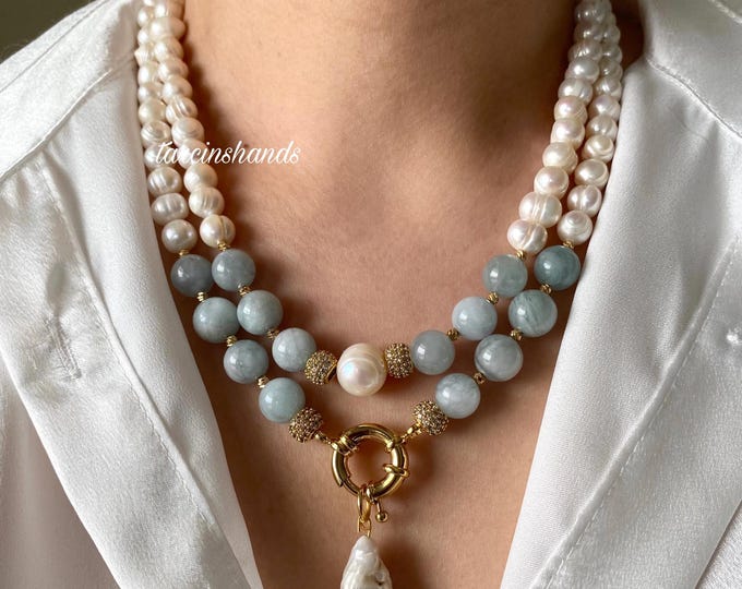Multistrand Aquamarine and Natural Pearl Gold Filled Necklace with Big Baroque Pearl Pendant,Statement Gemstone Pearl Necklace Handmade