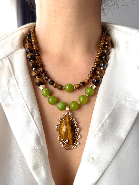 Tiger’s Eye & Jade Multistrand Necklace, Gold Plated Layering Choker, Protection Crystal Jewelry, Earthy Bohemian Statement Gift