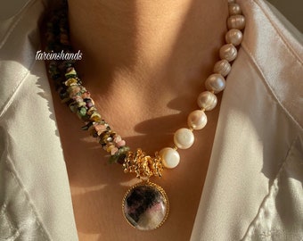 Multistrand Tourmaline and Real Pearl Gold Necklace with Rhodonite Pendant , Statement Gemstone with Pearl Necklace , Gift For Women