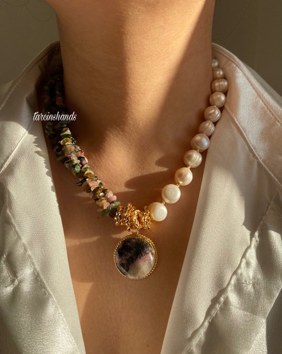 Multistrand Tourmaline & Baroque Pearl Necklace with Rhodonite Pendant