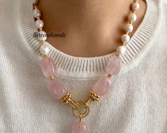 Pink Quartz and Pearl Gold Necklace , Chunky Pink Gemstone and Pearl Necklace , Statement Pearl Gemstone Necklace , Gift for women birthday