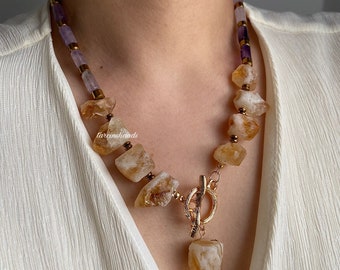 Citrine and amethyst gold toggle necklace , rock citrine necklace , raw citrine necklace , natural stone necklace , crystal jewelry