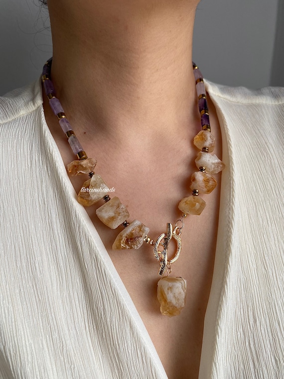 Raw Citrine & Amethyst Necklace: Gold Toggle Clasp, Natural Stone Jewelry