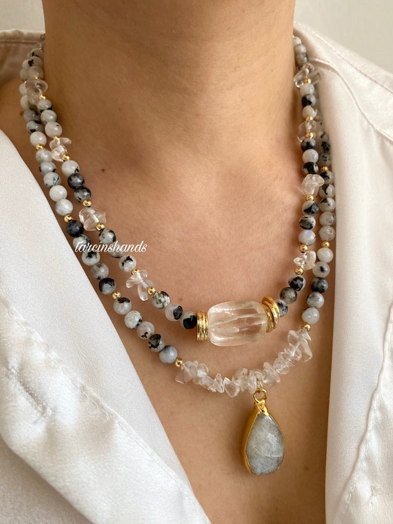 Gold-Plated Multistrand Necklace: Dalmatian Moonstone & Clear Quartz