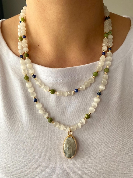 Selenite Lapis Lazuli Jade Multistrand Necklace, Gold-Plated