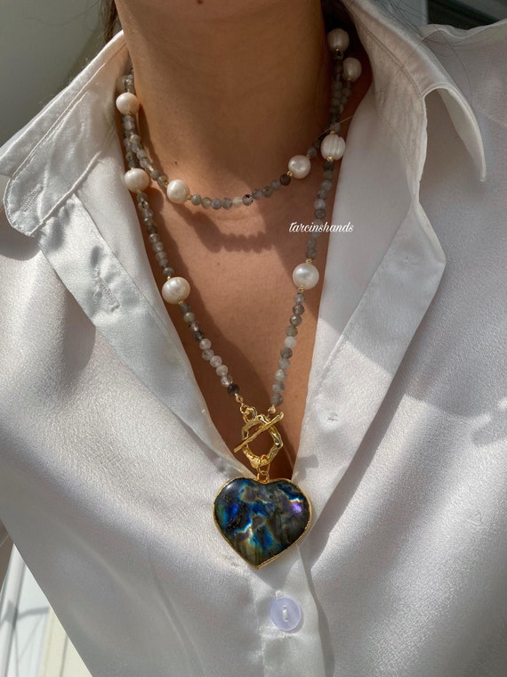 Long Labradorite Pearl Necklace: Gold Filled Heart Pendant, Boho Jewelry