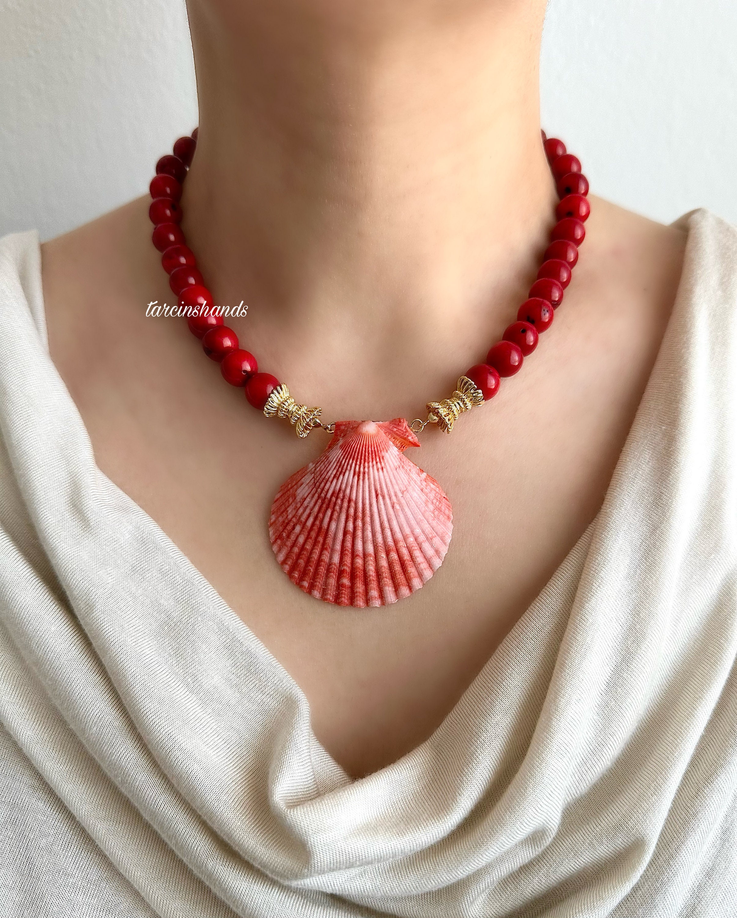 Red Coral and Seashell Necklace With Pink Scallop Shell Pendant Gold Plated Mermaid Summer Jewelry Etsy UK