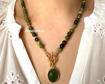Jade Aventurine Pendant Necklace: Gold Filled Toggle Clasp, Green Gemstone