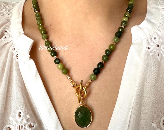 Jade Aventurine Gold Filled Toggle Necklace,Dark Green Semi Precious Stone Necklace with Pendant,Dainty Green Gemstone Summer Necklace