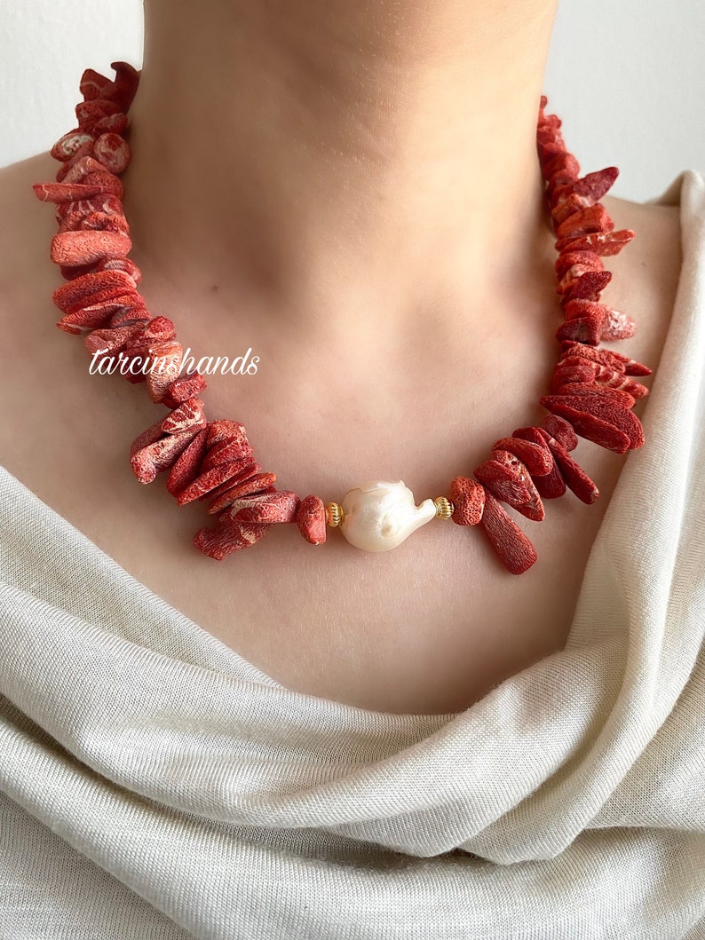 Bohemian Style Gold Plated Necklace with Unique and Natural Red Coral and Baroque Pearl Pendant