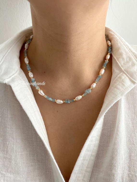 Aquamarine Pearl Necklace: Gold Filled Beaded Gemstone Jewelry