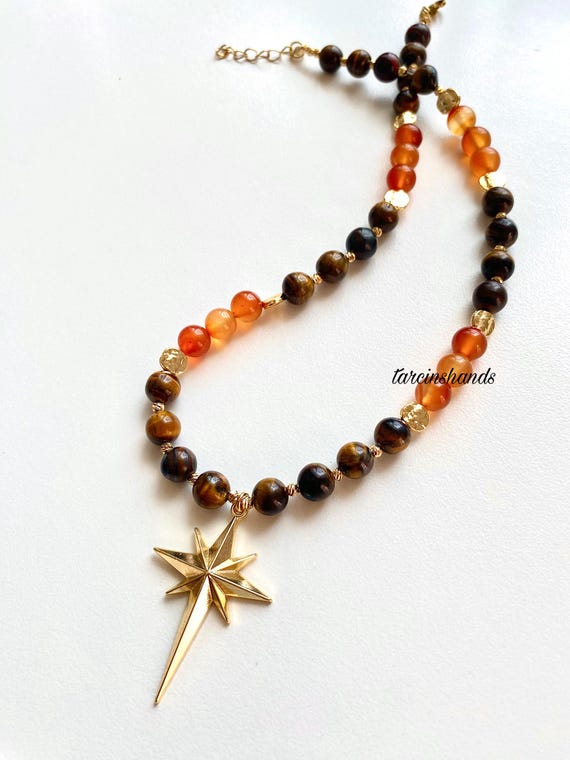 Boho Gemstone Necklace: Tiger Eye, Agate & Onyx with Gold Star
