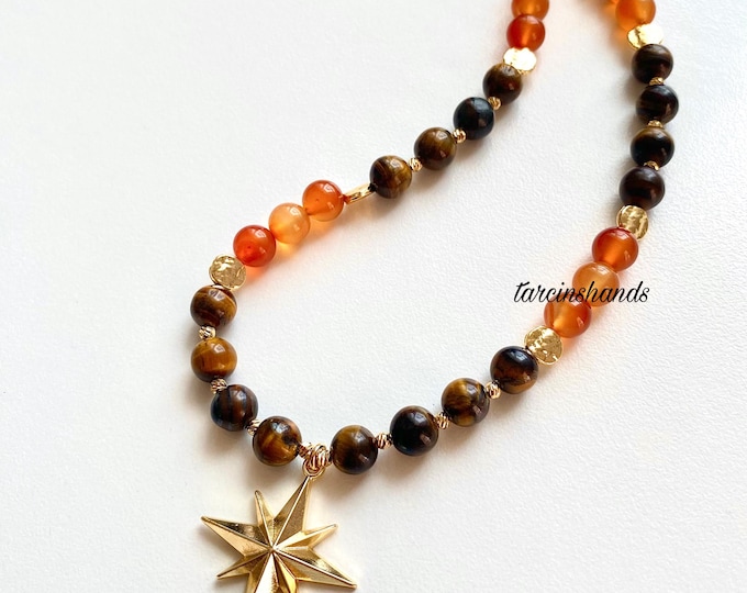 Boho Gemstone Necklace with North Star Pendant,Gold Filled Chunky Tigers Eye Orange Agate and Onyx Necklace,Handmade Unique Gemstone Jewelry
