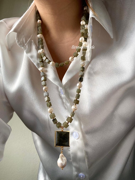 Handmade Gold-Plated Labradorite & Pearl Multi-Strand Necklace