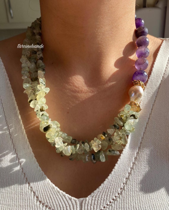 Multistrand Prehnite Amethyst Necklace: Baroque Pearl Gold Filled Boho Jewelry