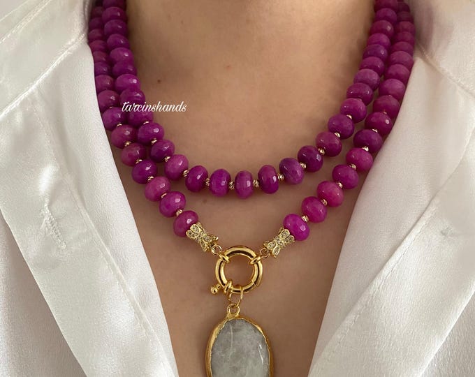 Pink Agate Necklace with Moonstone Pendant,Chunky Agate Beaded Layered Necklace,Multistrand Statement Necklace,Gift For Women