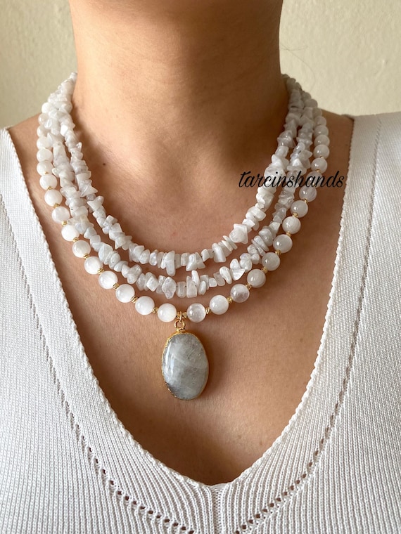 Multistrand Moonstone and Selenite Gold Necklace, White Gemstone Necklace , Beaded Selenite Statement Necklace , Gift For Women