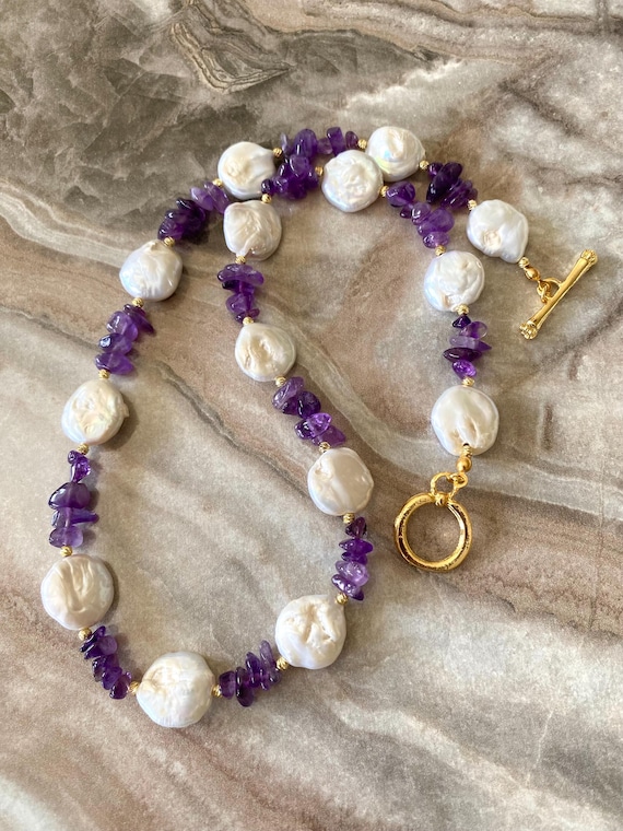 Natural Coin Pearl Amethyst Necklace, Gold Filled Toggle Clasp, Boho Statement Jewelry